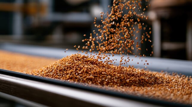 Falling grains on industrial conveyor belt during food processing