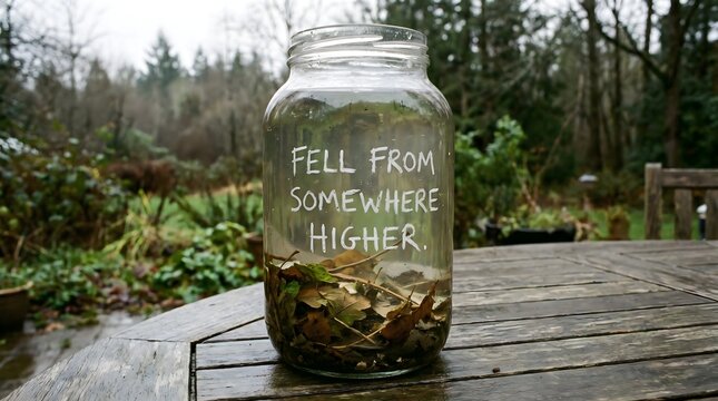 A glass jar capturing rainwater and fallen leaves on a wet table, with the words 'Fell from somewhere higher' written as a poignant metaphor for existential descent and lost origins.