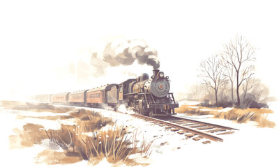 Retro steam engine train moving on tracks in snowy landscape painting watercolor style vector illustration © Nazmul