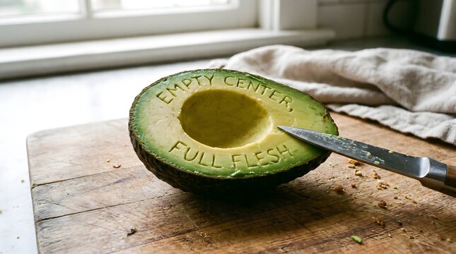 An avocado half carved with 'EMPTY CENTER, FULL FLESH' rests on a wooden board with a knife, symbolizing the hidden abundance and substance found within apparent emptiness.