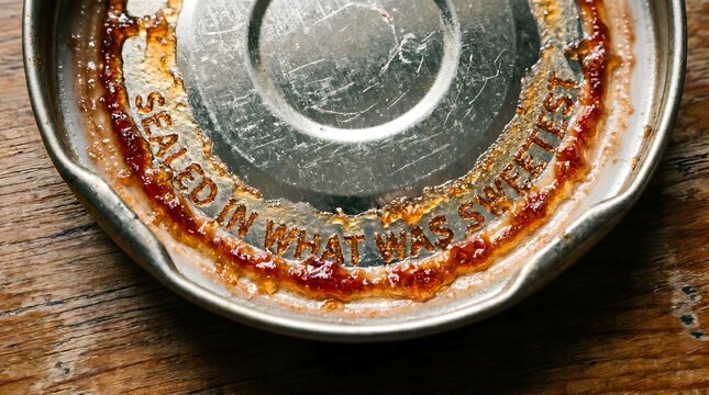 A metallic jar lid stained with sweet jam residue encapsulates the bittersweet essence of preserving past joy, a poignant metaphor for memories locked in time.