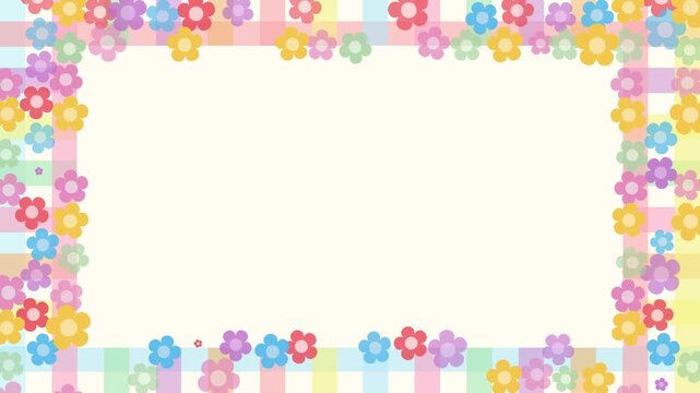 Pastel Gingham Frame with Animated Hippy groovy daisy flowers Loop Backdrop. pastel color vintage style, animation decorative elements. 60s, 70s, icon flower, pastel colors, playful Plaid Pattern