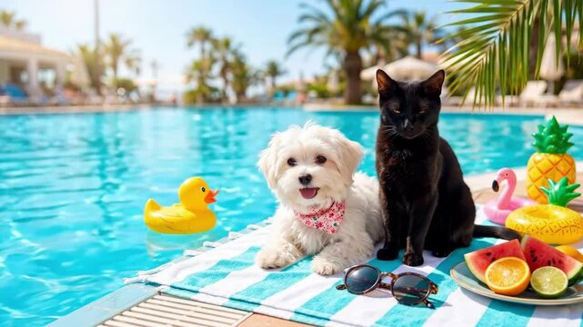White shih tzu dog and black cat lounging by swimming pool with rubber duck floating. Summer relaxation concept for animal fun