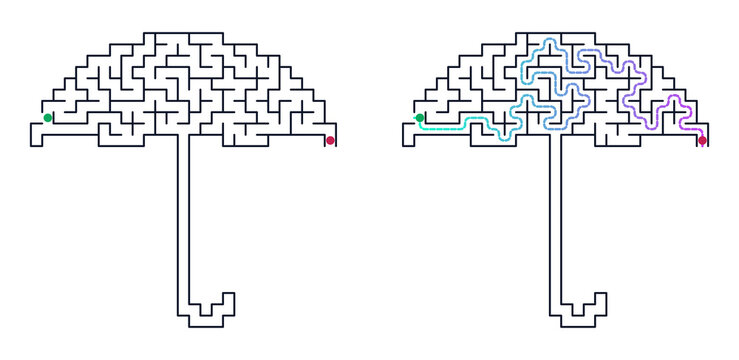 Umbrella maze design with paths outlined in different colors  