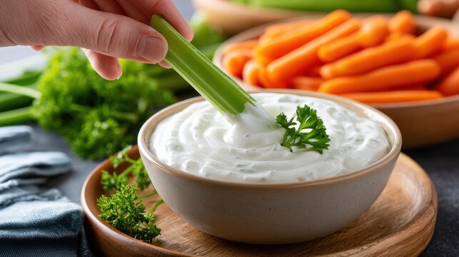 A hand dipping a fresh celery stick into a creamy white dip, with blurred baby carrots and green parsley in the background, set on a wooden surface.