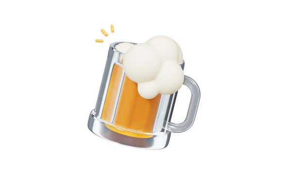 3D Beer glass. Oktoberfest beer festival. Full mug of alcohol with foam. Party celebration in pub. Drink emoji. Cartoon creative design icon isolated on transpatern background. 3D Rendering