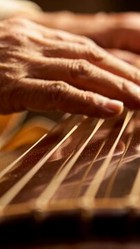 Vertical video: Plucking right hand lowering from hover and plucking guitar at home for practice