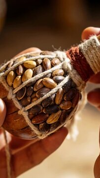 Vertical video: Rotating hand adjusting gourd rattle grip at home, inspecting twine, handle, seeds