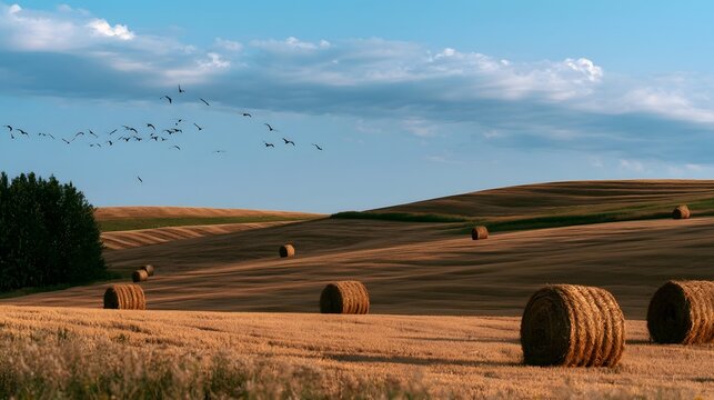 A serene view of rolling farmland with hay bales under a vast sky featuring drifting clouds and overhead birds