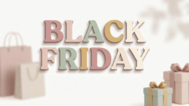 3D Black Friday text mockup near pastel shopping bags and gifts