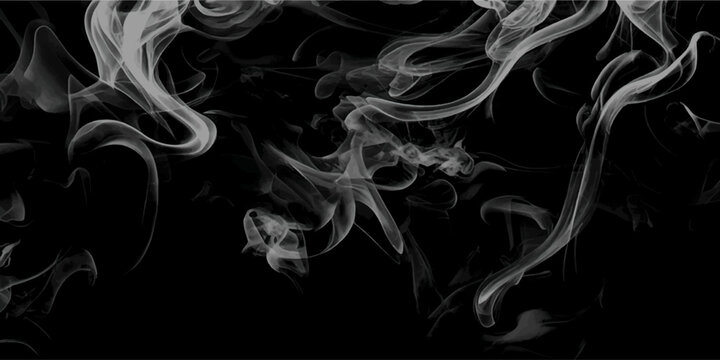 Smoke steam set of airborne particulates and gases emitted. Realistic cigarette smoke or steam waves of hot coffee or tea. Gray smokes or steam, for use on dark background. 