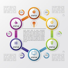 Obraz premium Modern business infographic with 6 steps, colorful circular process diagram vector, professional workflow chart with icons and percentage indicators