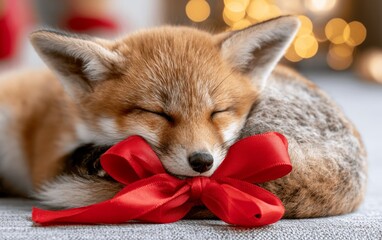 Fototapeta premium Adorable Fox Curled Up with a Tiny Festive Ribbon Against a Warm Bokeh Background