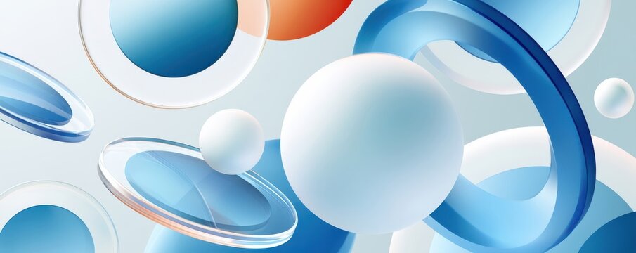 Abstract composition of blue spheres and glass rings with soft gradients and modern minimal design