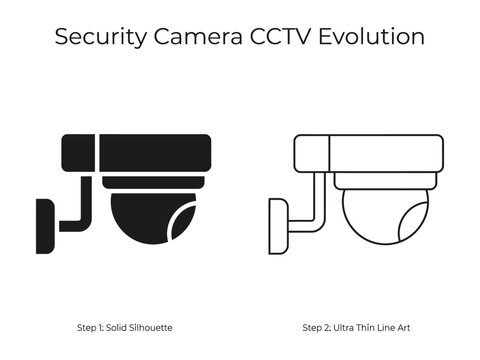 Security camera CCTV evolution steps solid silhouette to ultra thin line art