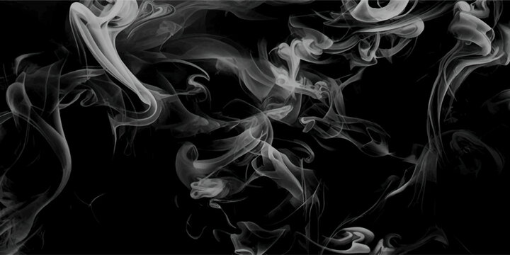 Smoke steam set of airborne particulates and gases emitted. Realistic cigarette smoke or steam waves of hot coffee or tea. Gray smokes or steam, for use on dark background. 