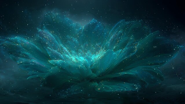 A mesmerizing, ethereal blue lotus flower blooming in the vastness of space, surrounded by a nebula of stars and cosmic dust.
