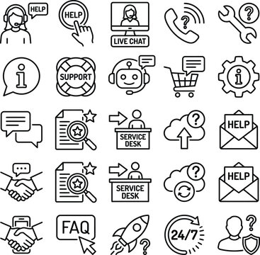 Online Help Support Icon Set. Customer Service, Assistance, Help Desk and Technical Support Symbols for Web, Chat, FAQ and Contact Solutions. Isolated on a white background.