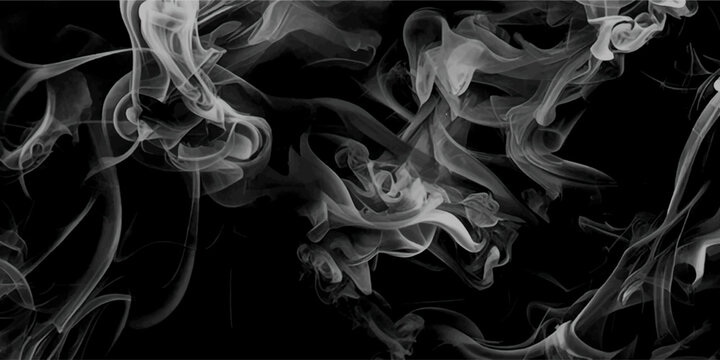 Smoke steam set of airborne particulates and gases emitted. Realistic cigarette smoke or steam waves of hot coffee or tea. Gray smokes or steam, for use on dark background. 