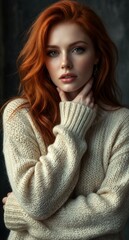 Fototapeta premium Stunning Redhead Woman Cozy Knit Sweater Portrait Moody Lighting Fashion