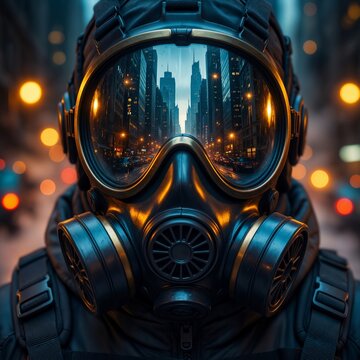 Cyberpunk Diver in Neon Cityscape Helmet Futuristic Sci-Fi Portrait