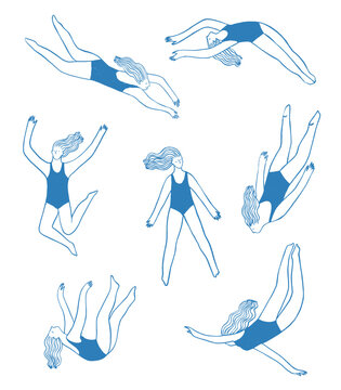 Line art swimming girl in different poses.
