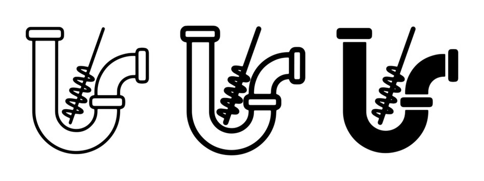Plumbing P-Trap Cleaning Icons, Drain Pipe Maintenance Vector Set, Unclogging Tools Graphics