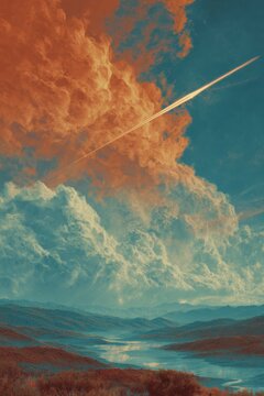 A surreal dreamlike landscape weaving elements of clairvoyant chronicles with ambient orchestral mood, featuring a chrome rocket streaking across a sunset-orange sky above a tranquil, reflective vall