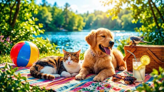 Golden retriever puppy, calico cat and cockatiel bird relaxing on picnic blanket by serene lake. Nature exploration and animal companionship concept
