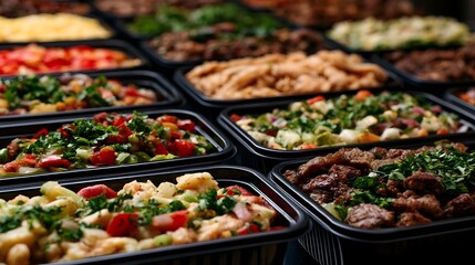 Fototapeta premium Creative stacked meal boxes neatly arranged in a soft aesthetically pleasing composition for healthy food presentation