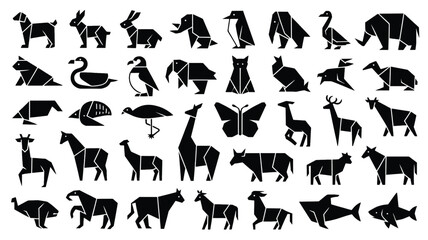 Fototapeta premium A collection of various animal silhouettes in black on a white background featuring creatures like swans, elephants, butterflies, giraffes, and fish.