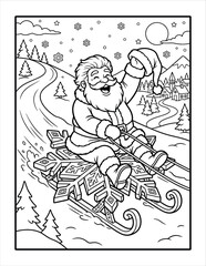 Obraz premium Santa claus riding snowflake sled on snowy road in North America, winter village in background.