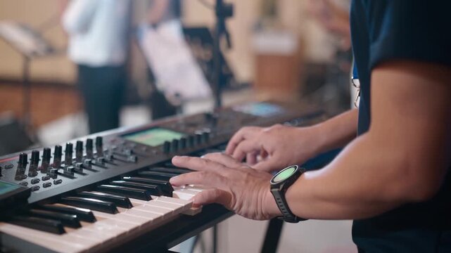Musician Playing Electronic Keyboard During Live Music Performance