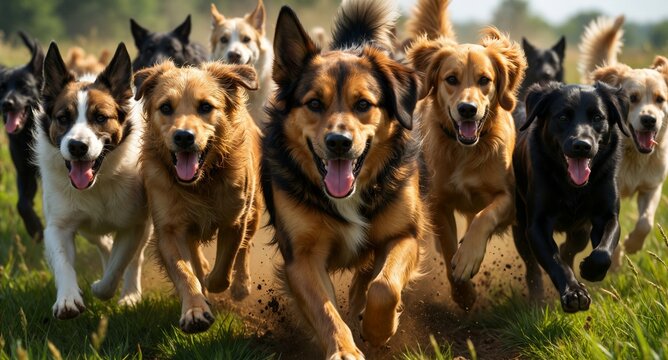 Happy Golden Retrievers and Dogs Running Outdoors Summer Fun