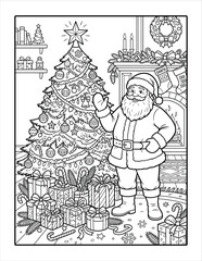 Fototapeta premium Santa claus in room with christmas tree and fireplace in North America home.