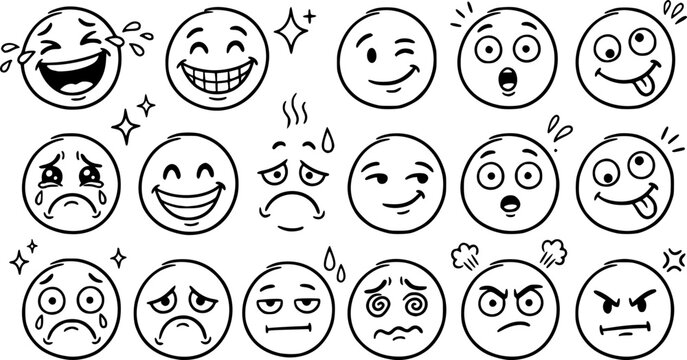 Funny cartoon faces. Face expressions, happy and sad mood. Laughing to tears face, smiling mouth and crying eyes. Doodle different moods vector illustration set. Positive and negative human feelings