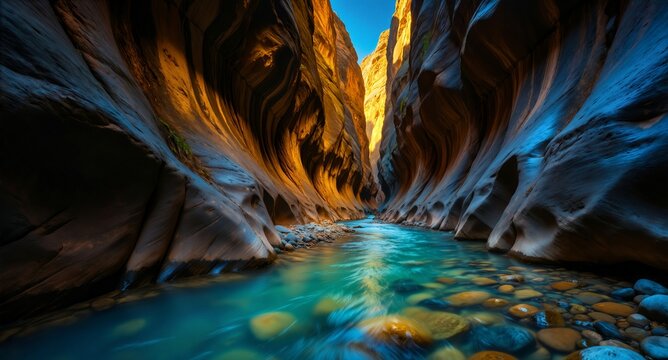 Dramatic Canyon River Sunlight Through Narrow Desert Gorge Landscape