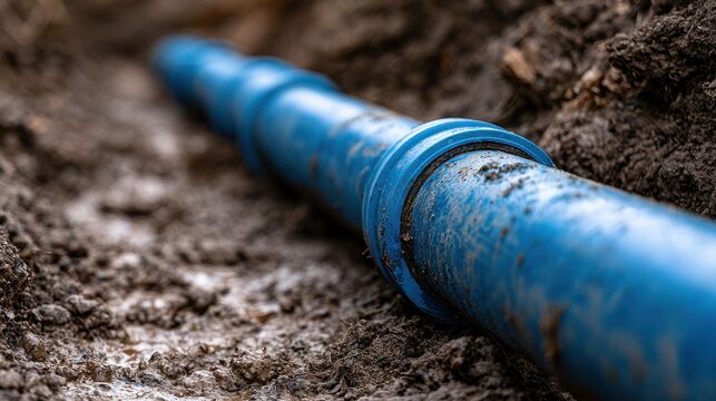 Blue plastic water pipe laid in an open trench in the ground