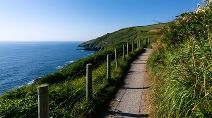 Obraz premium An idyllic coastal path stretches under a clear blue sky offering a serene and breathtaking view of the ocean