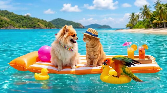 Pomeranian dog wearing sunglasses and tabby cat with straw hat lounging on striped inflatable raft in turquoise sea. Fun pet summer holiday adventure and relaxation concept