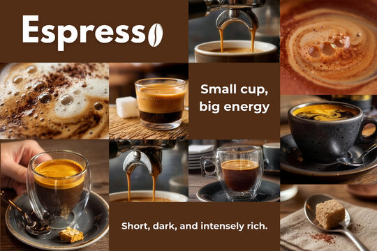 Espresso coffee mood board collage featuring macro shots of golden crema, extraction process, double wall glass cup, and inspirational coffee quotes