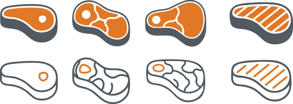 Meat cuts icon set steak rib and grilled varieties