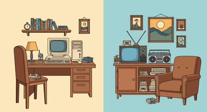 Nostalgic interior scenes comparing an old computer workstation with a vintage television and radio system from the late twentieth century.