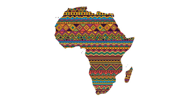 Stylized map of the african continent and madagascar island filled with vibrant traditional ethnic tribal patterns and colorful geometric motifs.
