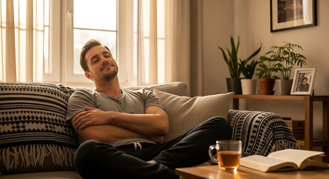 Relaxed young man resting on sofa with eyes closed at home in living room