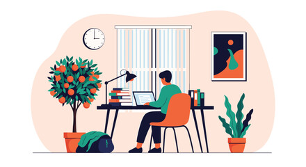 Fototapeta premium Man working on a laptop at a desk in a comfortable home office with an orange tree and a scenic wall painting.