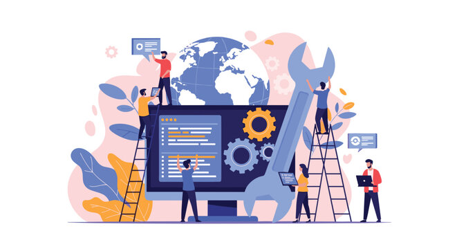 Concept of computer repair and IT support shown by small people working on a large monitor with gears and a giant wrench.
