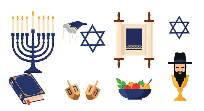 Traditional jewish religious symbols set including a menorah, torah scroll, dreidels, david star, prayer book, and festive food bowl items.