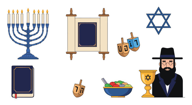 Set of jewish religious items featuring a menorah torah scroll dreidels star of david and a man in traditional orthodox dress with holiday food.