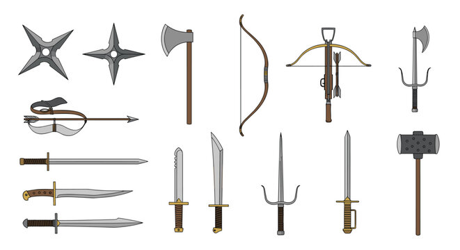 Extensive collection of historical and fantasy weapons including swords axes daggers a crossbow and throwing stars on a plain white background.